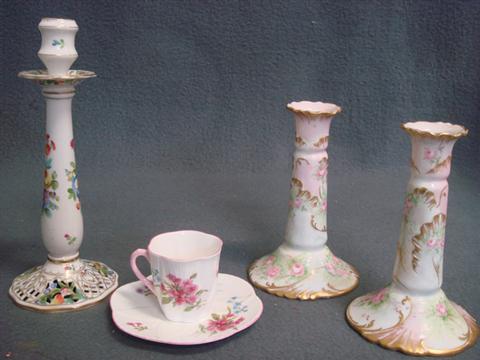 Appraisal: porcelain items pr Haviland floral candlesticks Dresden candlestick Shelly cup