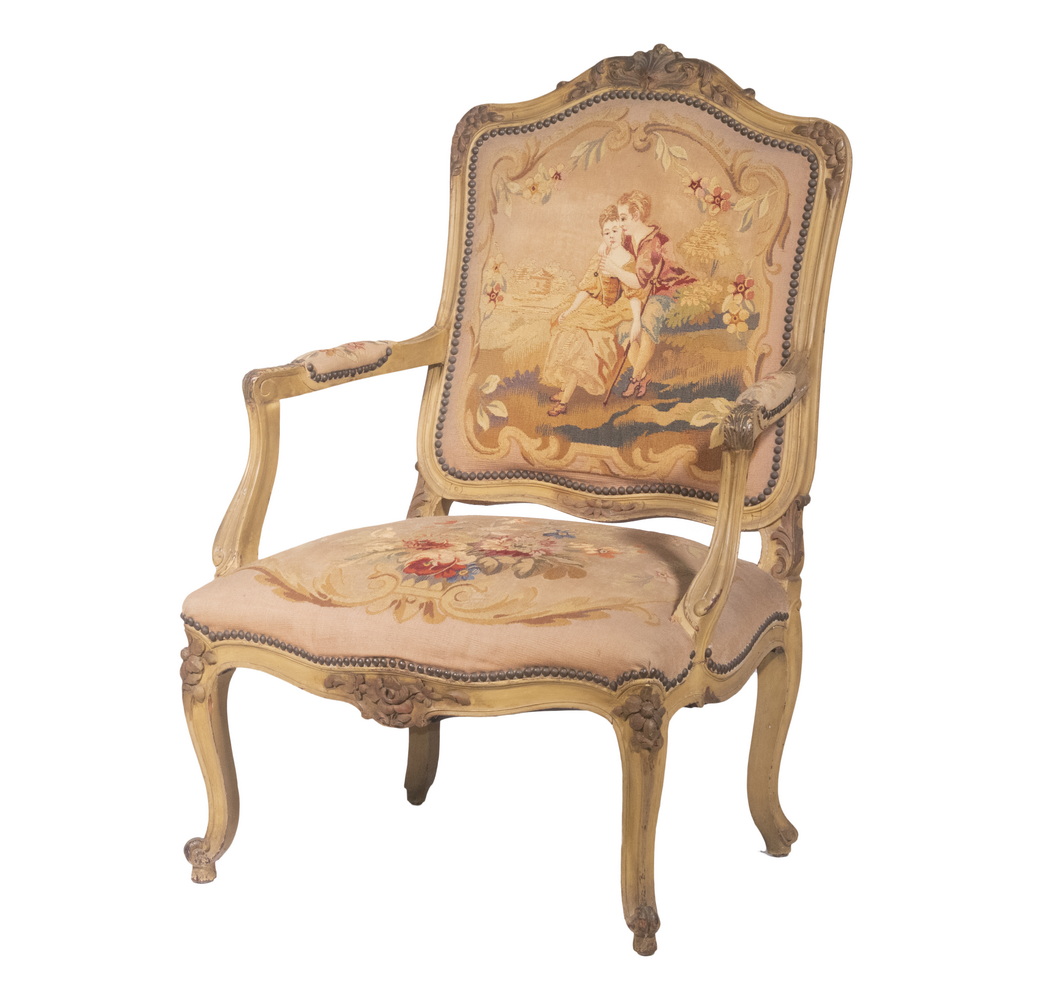 Appraisal: FRENCH OPEN ARMCHAIR Early th c Louis XV Style Walnut