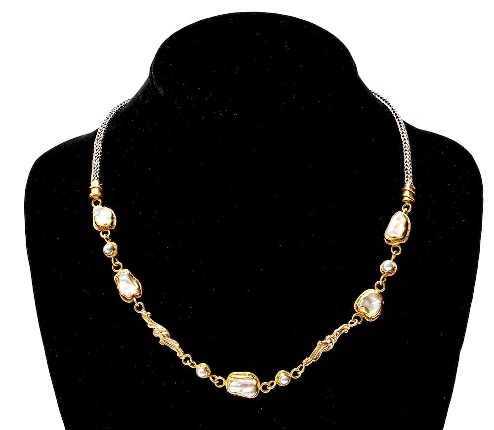 Appraisal: K K Yellow Gold Pearls Silver Chain Necklace K K