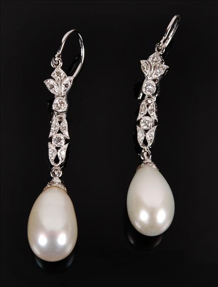 Appraisal: A pair of freshawater cultured pearl and diamond drop earrings