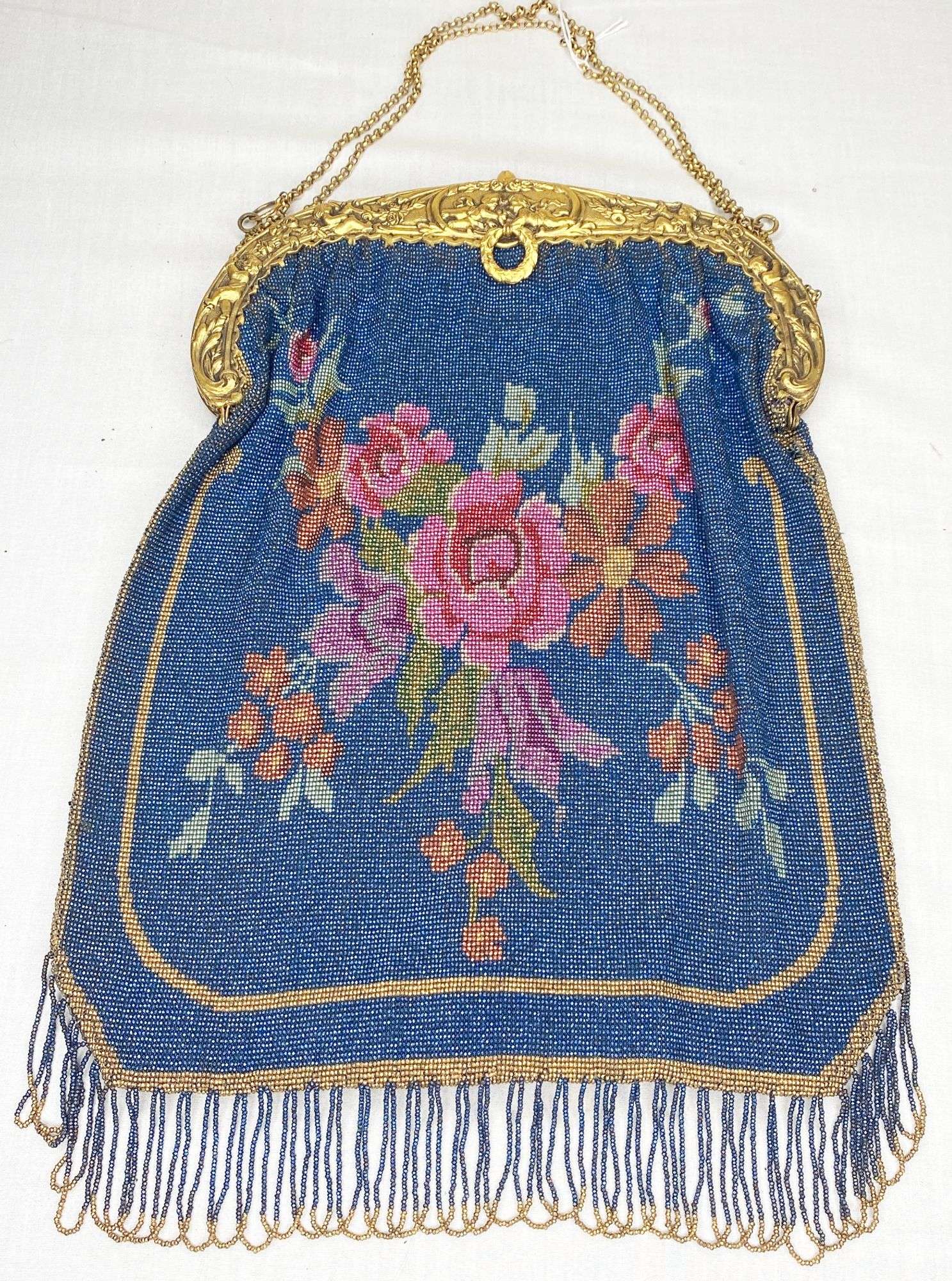 Appraisal: Steel Micro Beaded Hand Bag with Roses and Bronze Frame