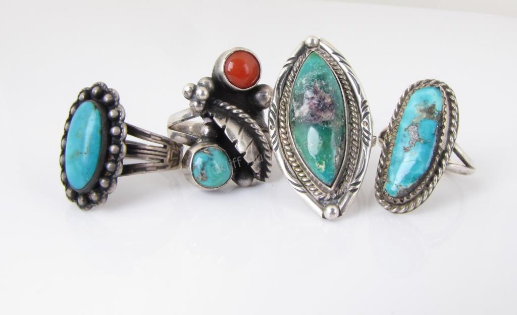 Appraisal: Four Southwest rings including three unmarked two with turquoise one