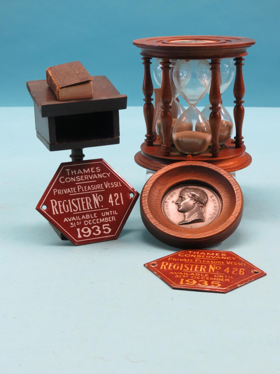 Appraisal: An unusual three-sand glass timer turned mahogany with inset monogram