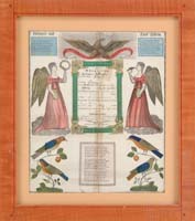 Appraisal: WATERCOLOR AND PRINTED FRAKTUR Colorful fraktur has a spread wing