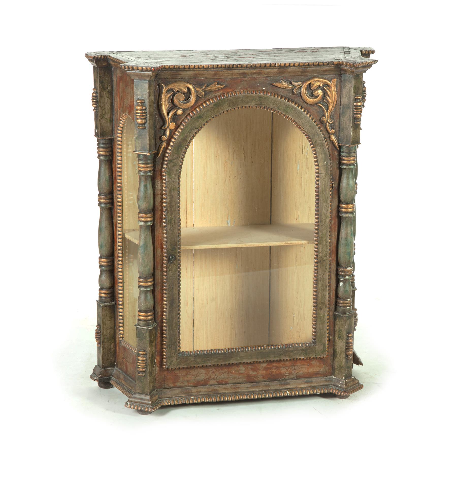 Appraisal: PAINT DECORATED CURIO CABINET European ca mixed woods Freestanding pilasters