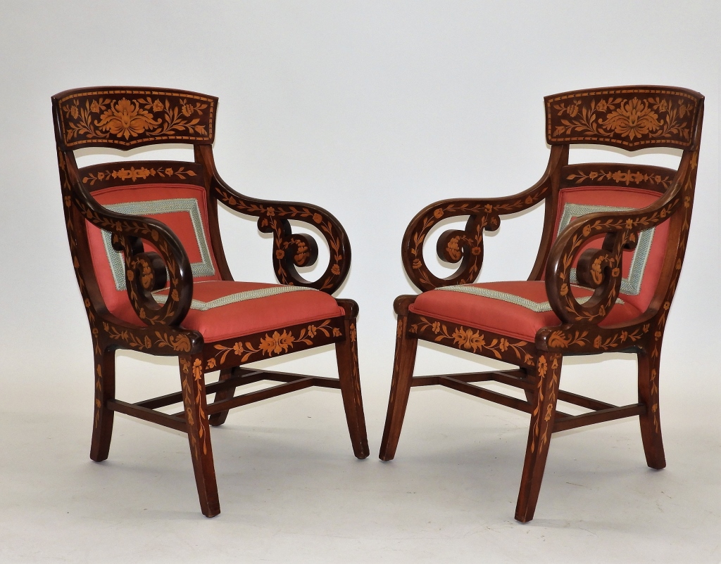 Appraisal: PR CONTINENTAL MARQUETRY ROLLING ARM SIDE CHAIRS Continental Circa Mahogany