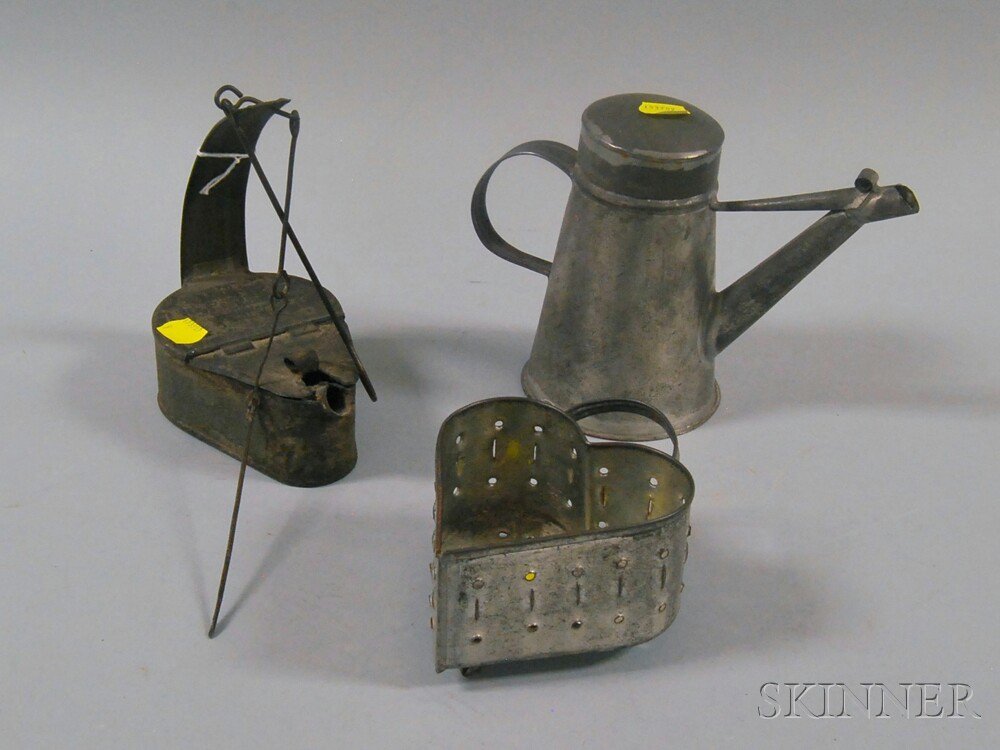 Appraisal: Three Tin Domestic Items th century a betty lamp a