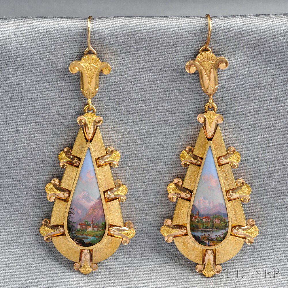 Appraisal: Antique Swiss Enamel Earpendants each of a lakeside view one