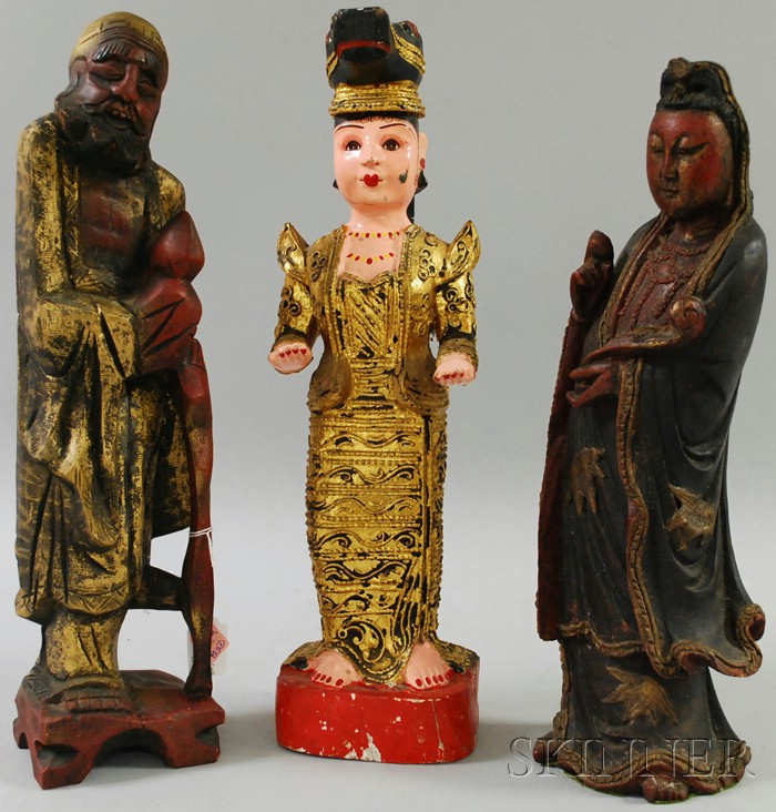 Appraisal: Pair of Chinese Carved and Painted Wood Figures and a