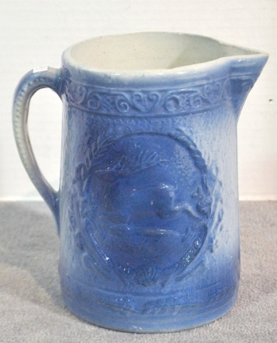 Appraisal: Blue White Salt Glazed Stoneware Pitcher high Running deer pattern