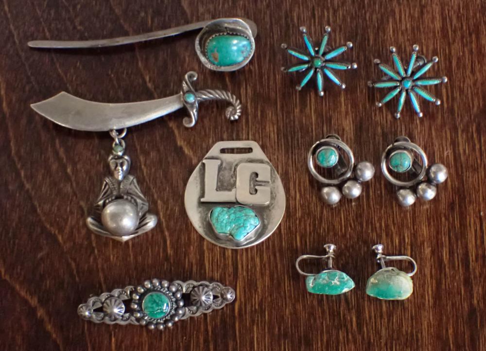 Appraisal: TEN ARTICLES OF TURQUOISE AND SILVER JEWELRY including a Navajo