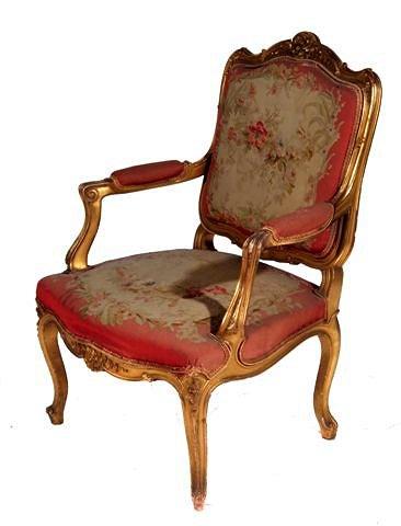 Appraisal: A LOUIS XVI STYLE GILT WOOD OPEN ARMCHAIR with Aubusson