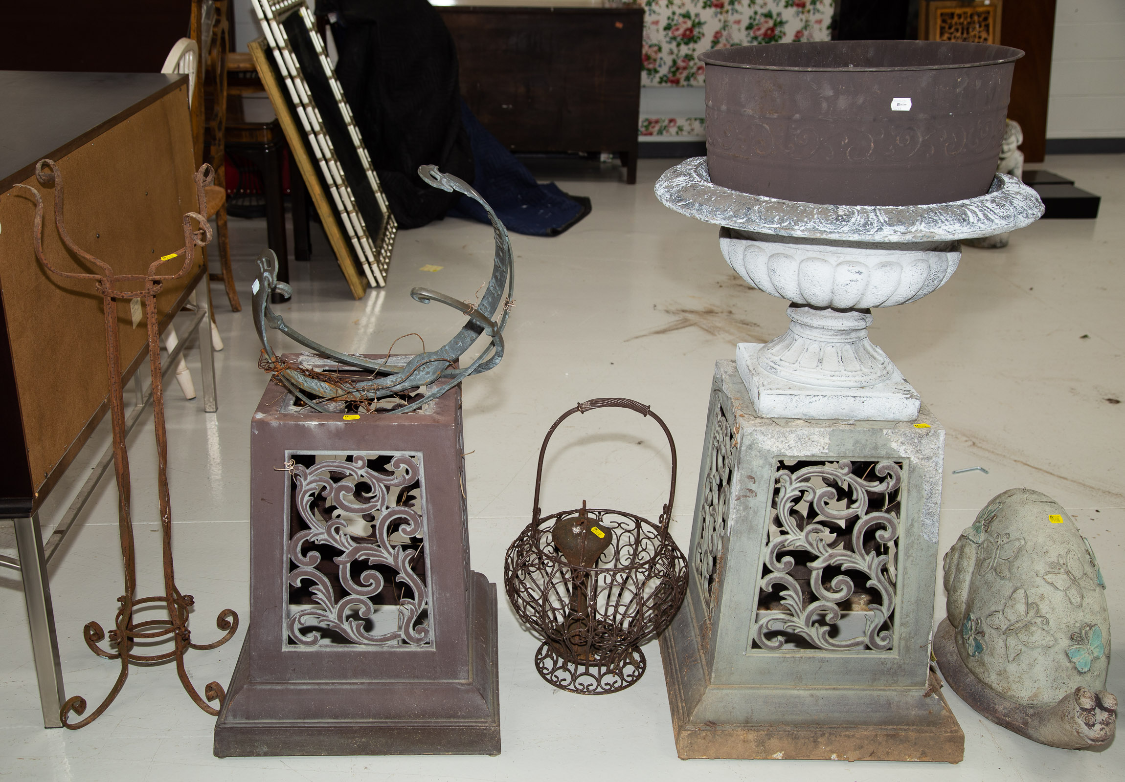 Appraisal: ASSORTMENT OF GARDEN ORNAMENTS Includes a bronze orrery handled basket