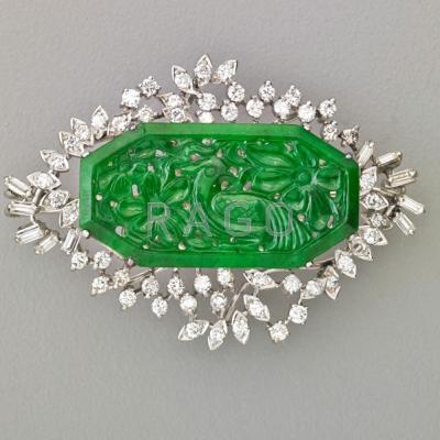 Appraisal: MARSH S JADE AND DIAMOND PENDANT BROOCH Bright green translucent