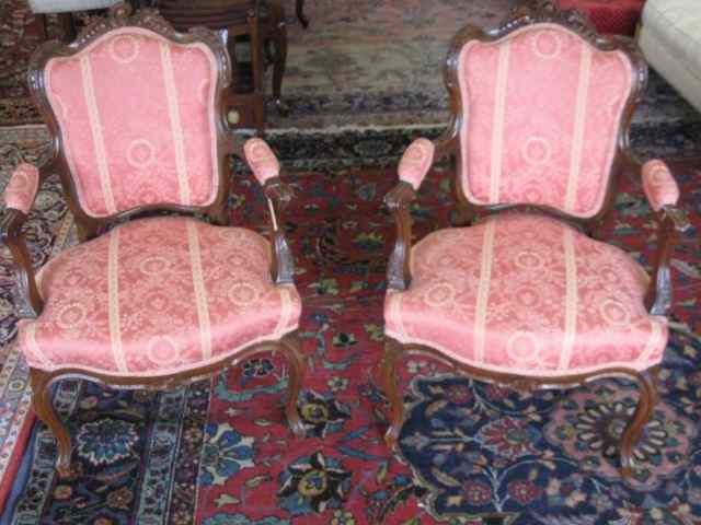 Appraisal: Pair of French Victorian Arm Chairs carved silk brocade