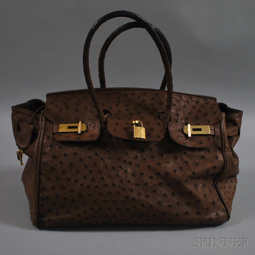 Appraisal: Hermes-type Ostrich Kelly Bag signed Hermes Paris with gold-tone lock