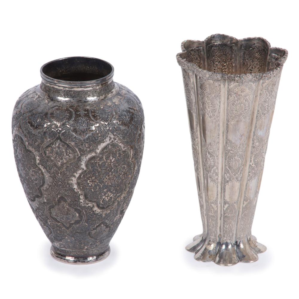 Appraisal: TWO PERSIAN SILVER TOOLED AND ETCHED VASES WITH PROFUSE DECORATION