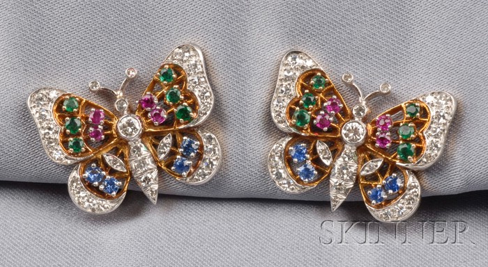 Appraisal: Gem-set Butterfly Earclips each with full and single-cut diamond body