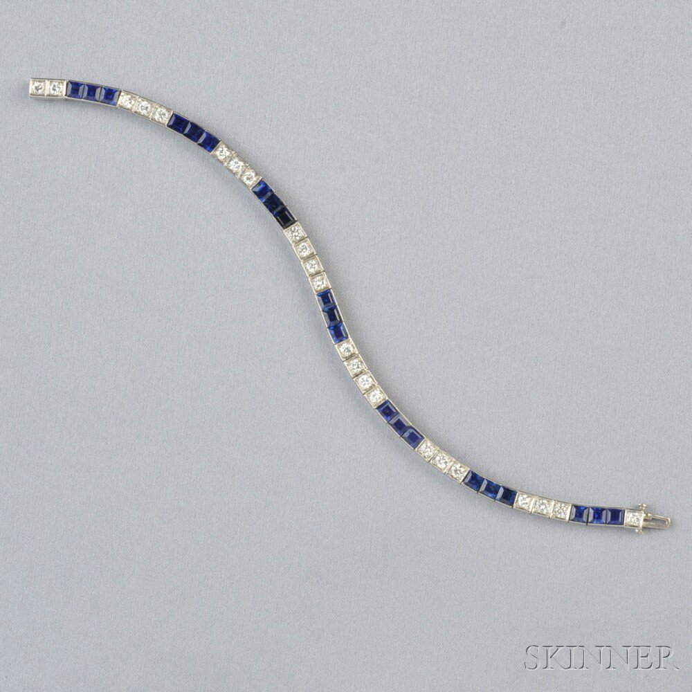 Appraisal: Palladium Sapphire and Diamond Line Bracelet bezel-set with twenty-one square-cut