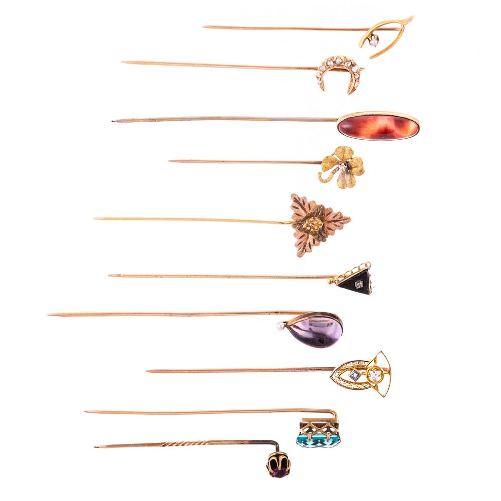 Appraisal: A Collection of Gold Gold-Filled Stickpins Ten antique stickpins in