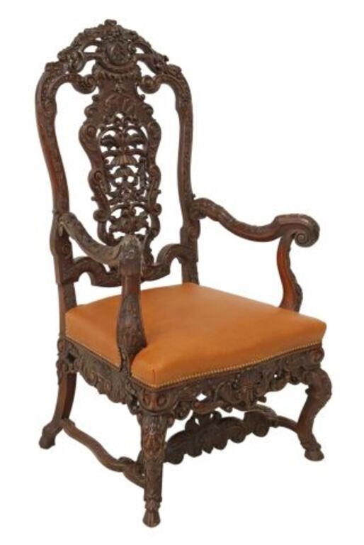 Appraisal: Baroque style heavily carved throne armchair th c having floral