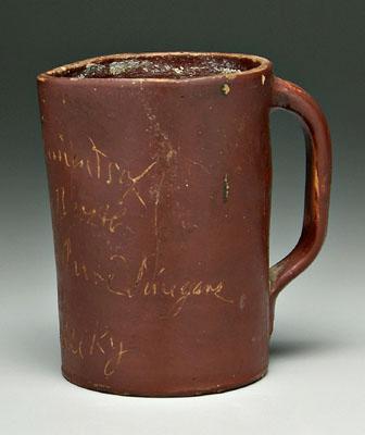 Appraisal: Louisville Kentucky vinegar pitcher redware pitcher hand inscribed Compliments of