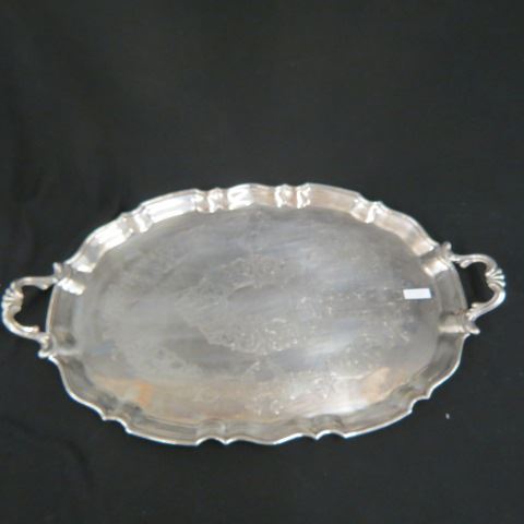 Appraisal: English Silverplate Tray Chippendale border fine engraving x plus handles