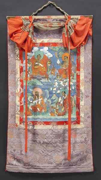 Appraisal: Chinese-Tibetan Qing watercolor painted thangkadepicting Buddhist scenes the verso with