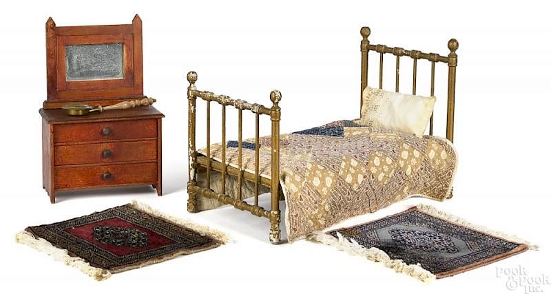 Appraisal: Wood doll bed dresser and carpets Wood doll bed dresser