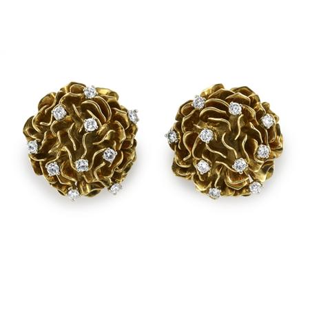 Appraisal: Pair of Gold and Diamond Flower Earclips Spritzer Fuhrmann Estimate