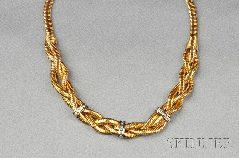 Appraisal: Retro kt Gold and Diamond Necklace composed of braided tubogas