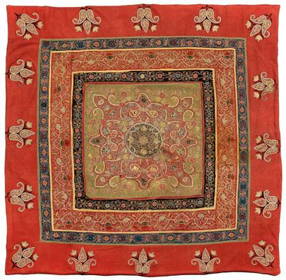 Appraisal: Fine Resht silk embroidery concentric squares with repeating scroll and