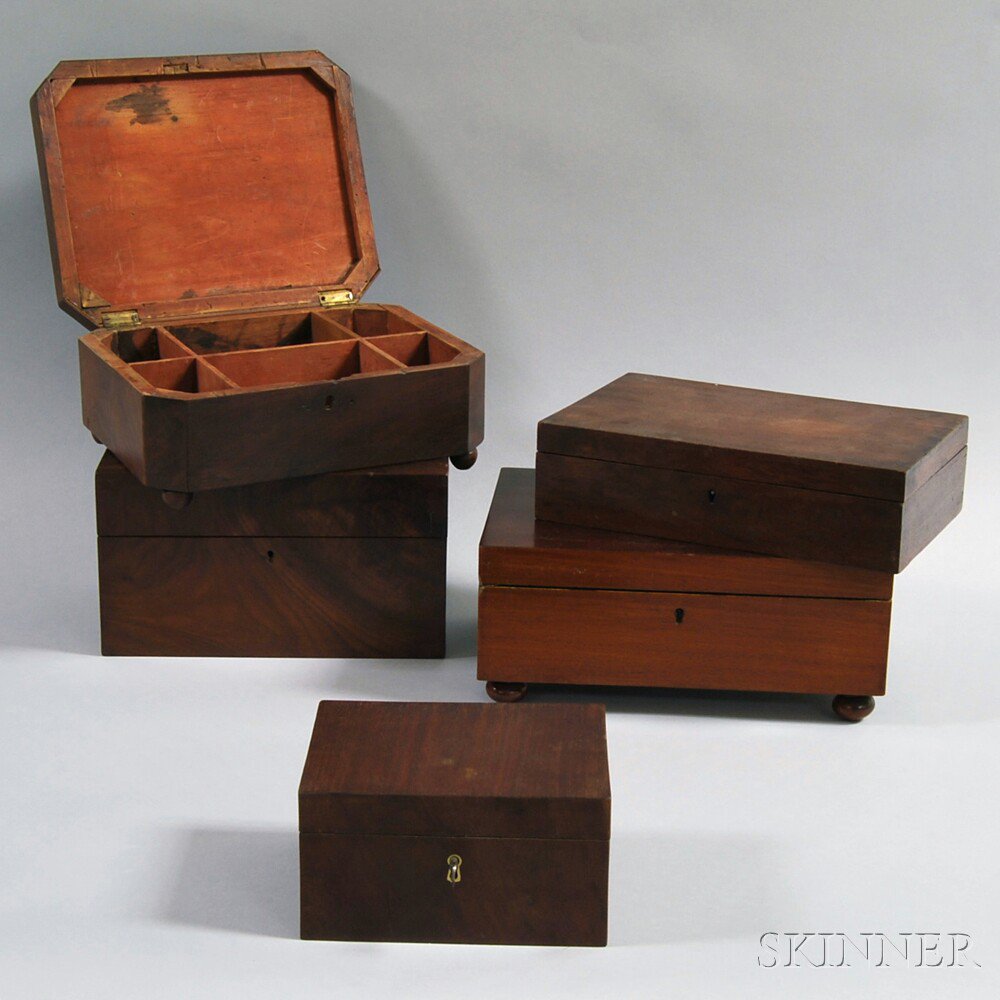 Appraisal: Five Mahogany Veneer Boxes th century four square and one