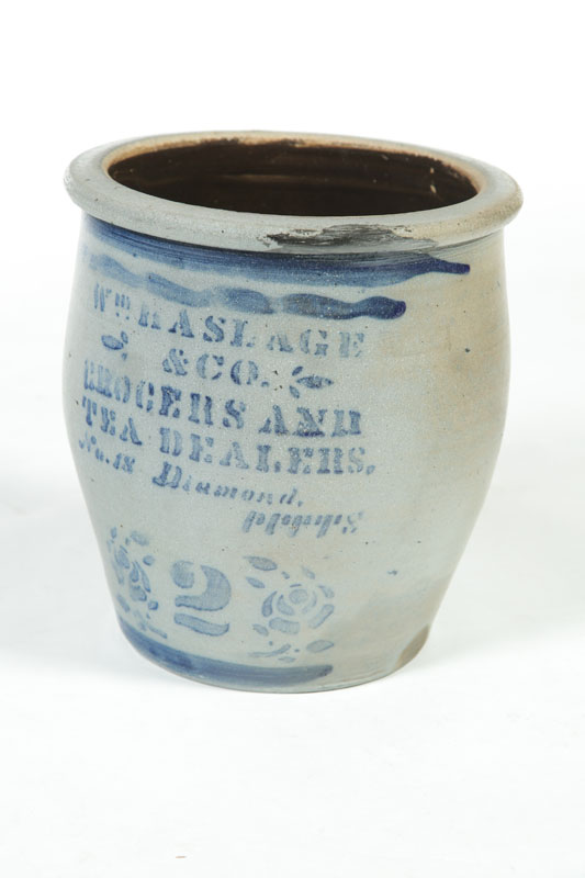 Appraisal: STONEWARE CROCK American nd half- th century Stenciled merchant's label