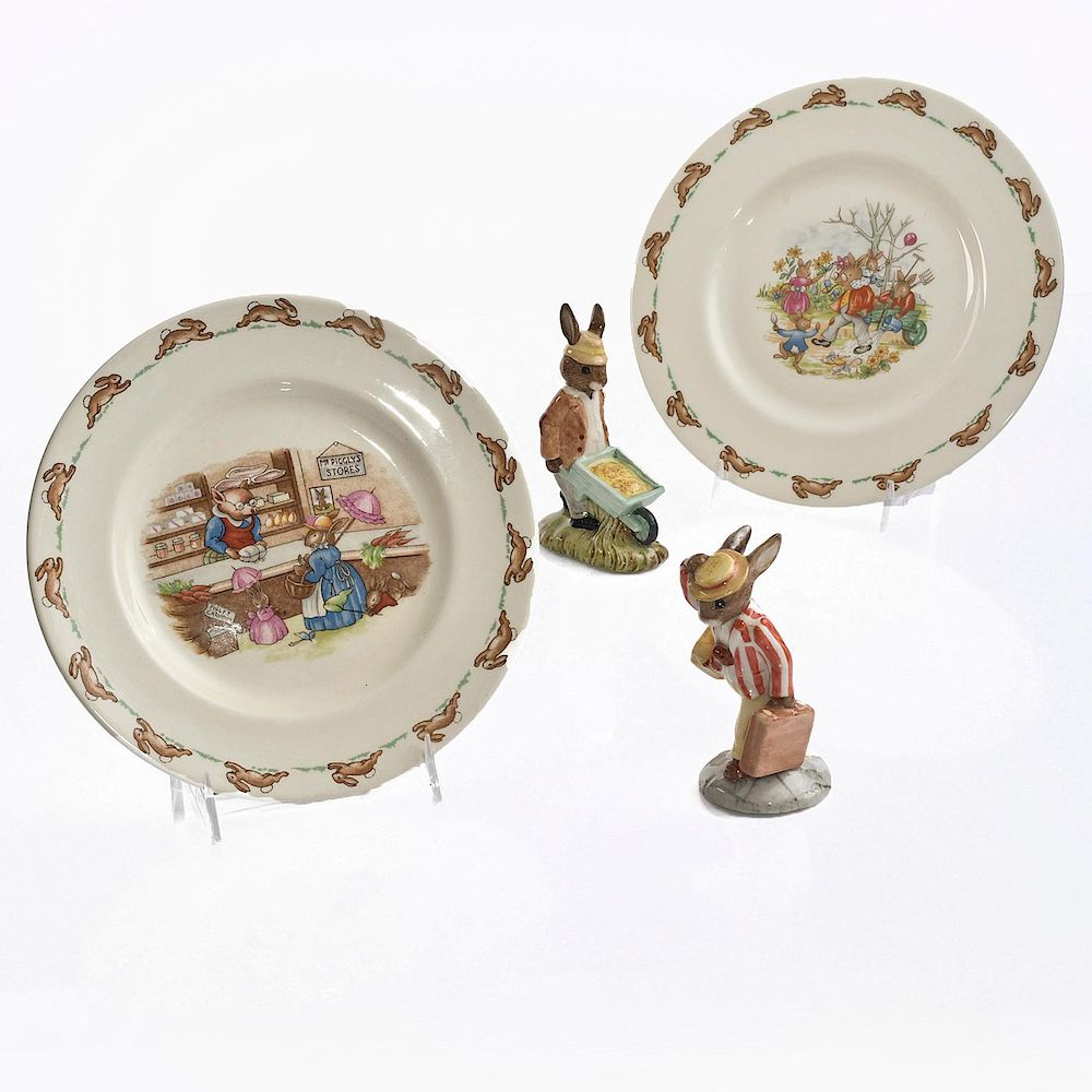 Appraisal: PC ROYAL DOULTON BUNNYKINS FIGURINES PLATES Bunnykins of the Year