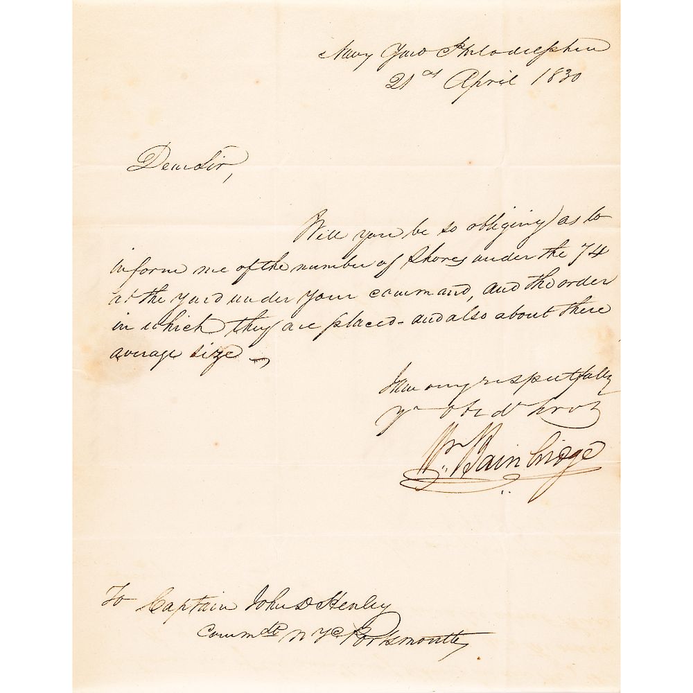 Appraisal: Commodore WILLIAM BAINBRIDGE Commander Frigate USS Constitution Navy Letter Autographs