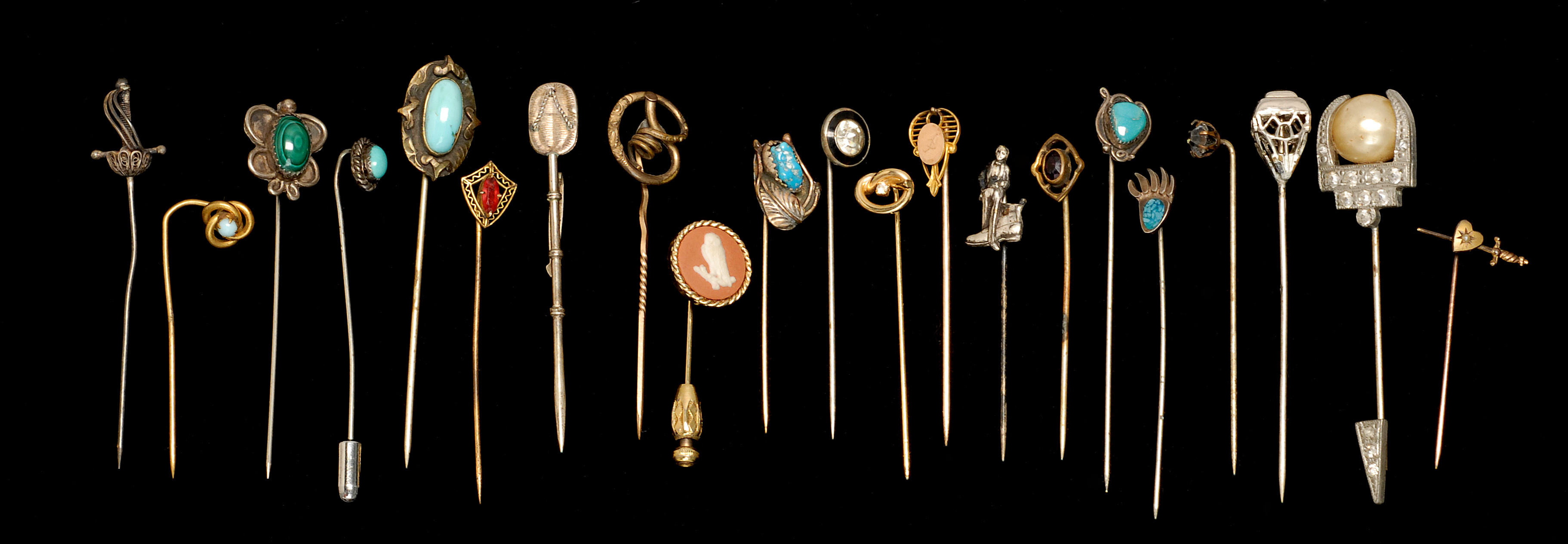 Appraisal: TWENTY ASSORTED STICK PINS in various materials including turquoise malachite