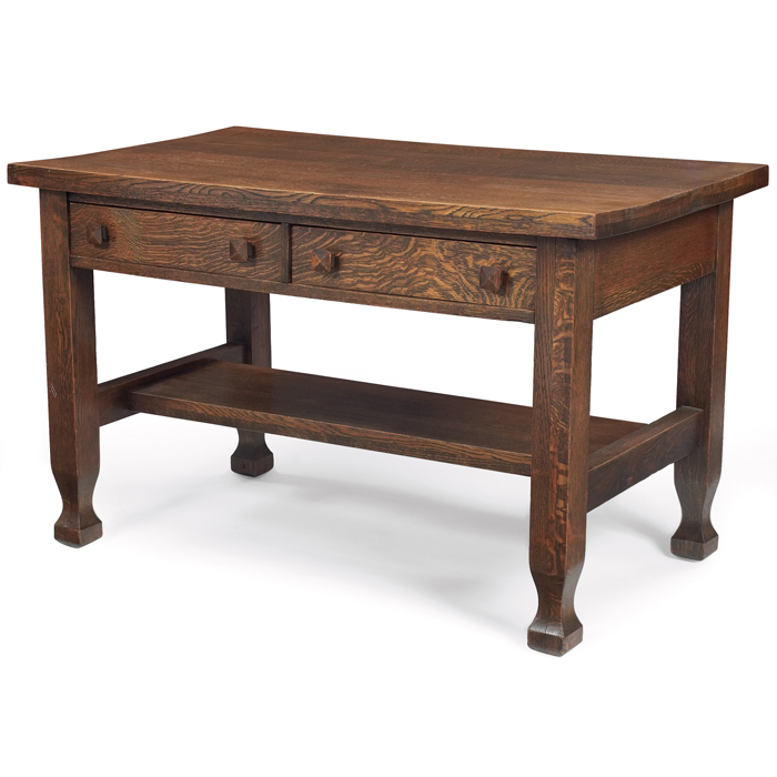 Appraisal: Arts and Crafts library table rectangular top over two drawers