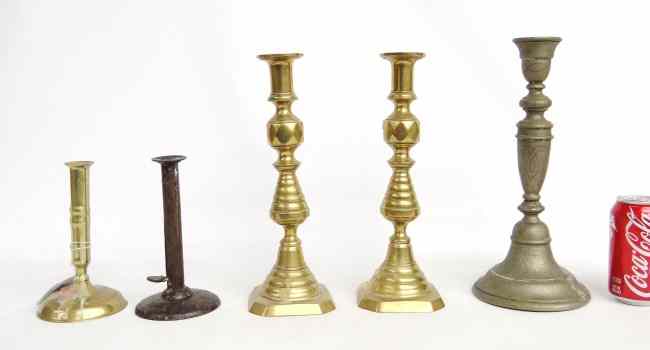 Appraisal: Lot including pair th c brass '' candlesticks hogscaper brass