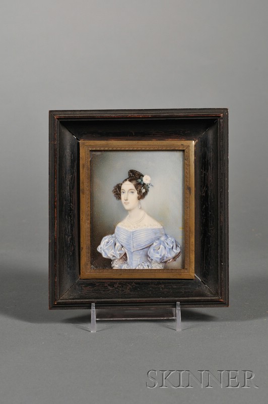 Appraisal: Portrait Miniature of a Woman Wearing a Blue Gown Michaelo