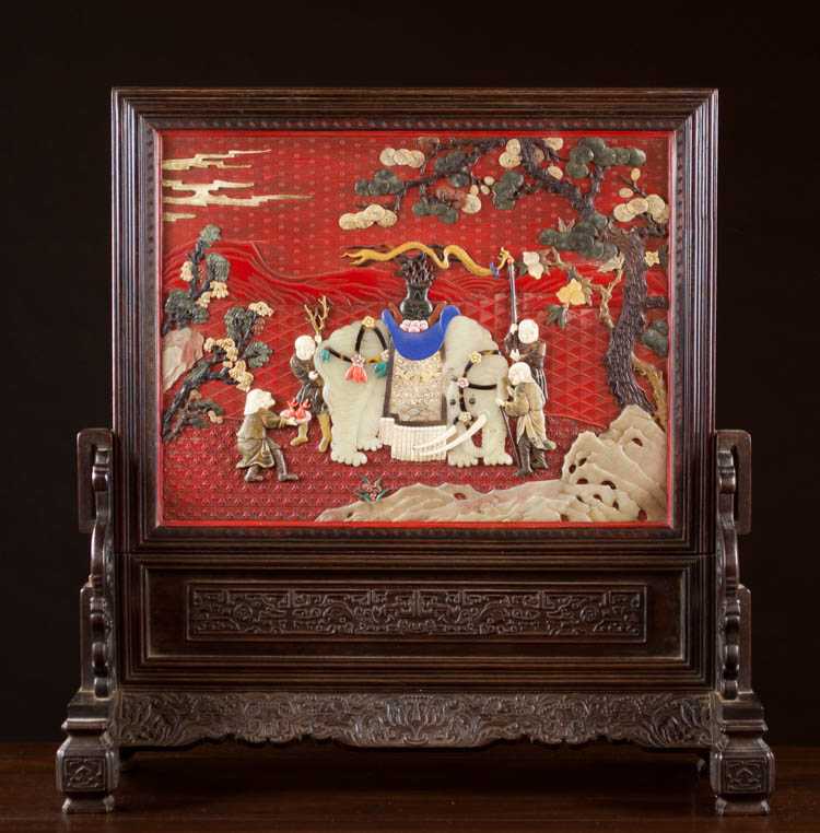 Appraisal: CHINESE PICTORIAL TABLE SCREEN featuring a rectangular pictorial tablet with