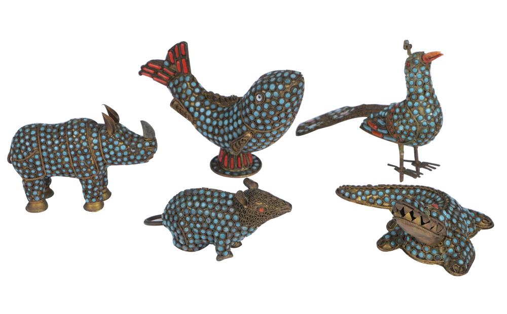 Appraisal: FIVE TIBETAN-STYLE ANIMAL FIGURESbrass inset with glass beads unmarked Provenance