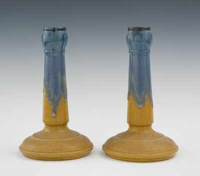 Appraisal: Another Pair of Fulper Pottery Candlesticks Pottery with mustard yellow