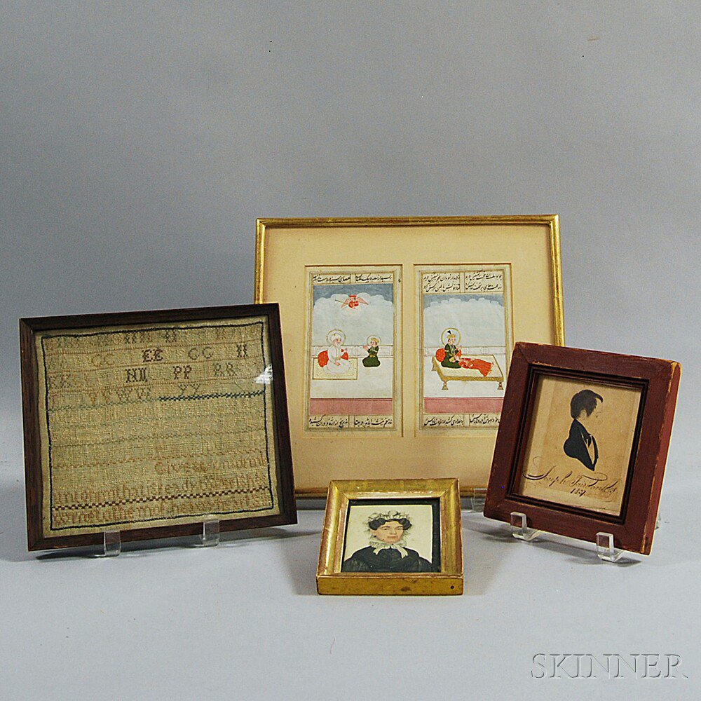 Appraisal: Four Small Framed Items a watercolor portrait miniature of a