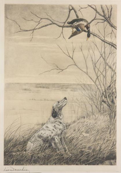 Appraisal: Leon Danchin French - Dog Etching Duck on Tree signed