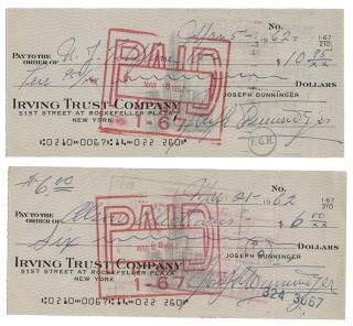 Appraisal: Dunninger Joseph Two Signed Checks March Personal checks with Dunninger