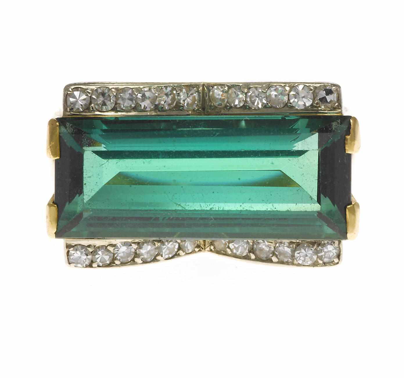 Appraisal: A green tourmaline and diamond ring Schilling signed Schilling rectangular