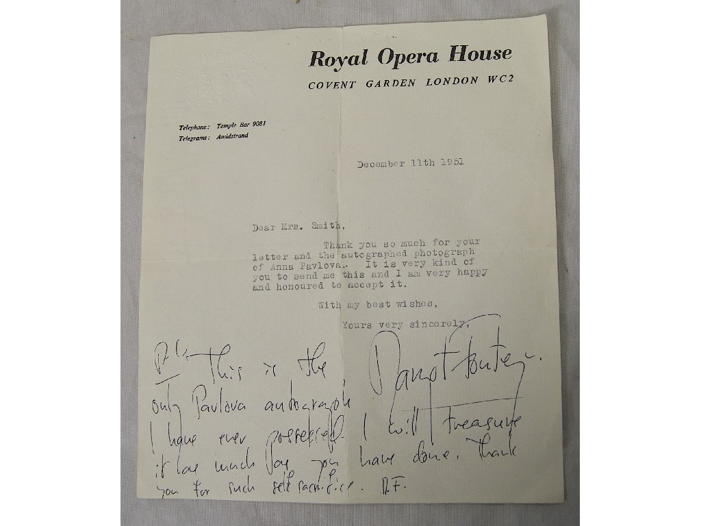 Appraisal: A signed letter from Margot Fonteyn on Royal Opera House