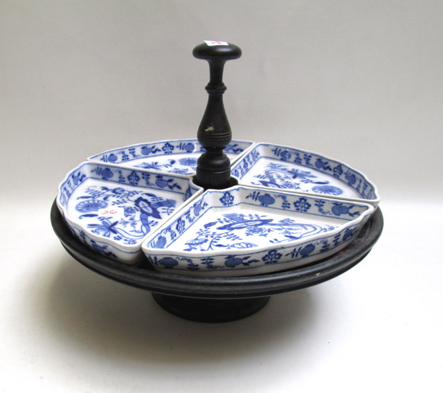 Appraisal: VILLEROY BACH BLUE ONION DIVIDED SERVER on wooden stand Server