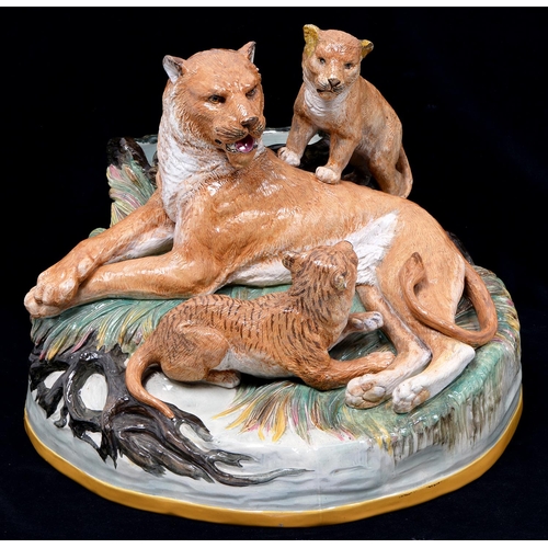 Appraisal: A rare Brown-Westhead Moore Co majolica group of a lioness